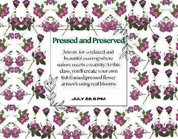 Pressed and Preserved title surrounded by pressed pink roses