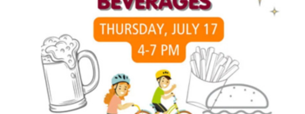 Graphic of Biking Burgers and Beverages Event July 17