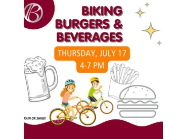 Graphic of Biking Burgers and Beverages Event July 17