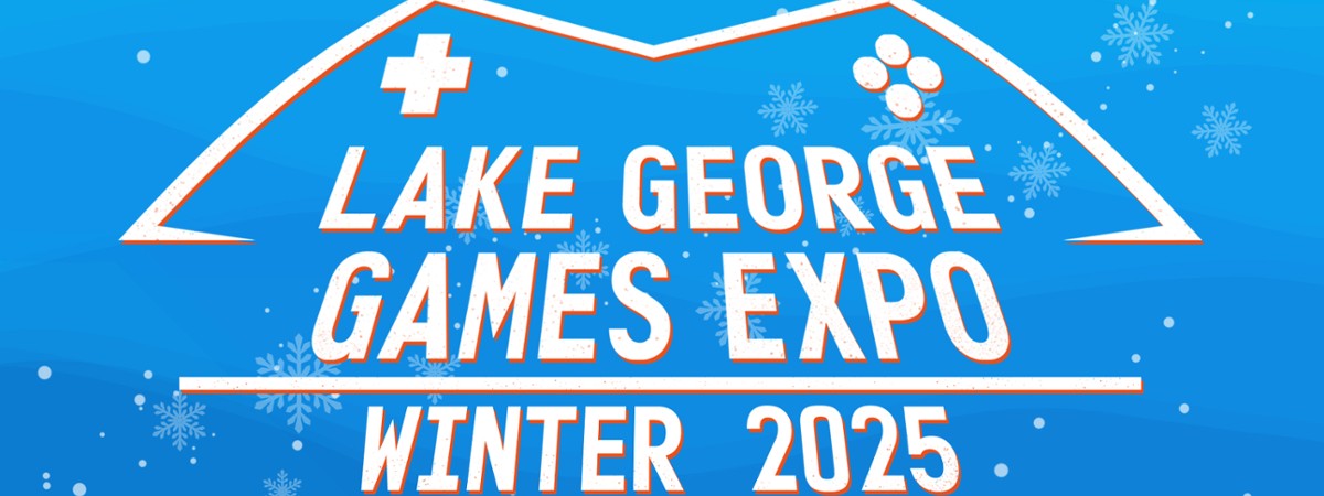 The Lake George Games Expo logo on a blue background.