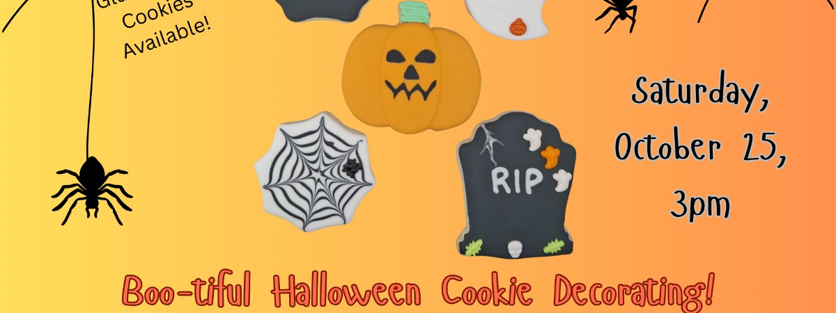 orange background, halloween cookies (pumpkin, gravestone, spiderweb, ghost, caldron) spiderwebs a the top