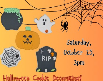 orange background, halloween cookies (pumpkin, gravestone, spiderweb, ghost, caldron) spiderwebs a the top