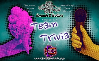 Promotional Flyer for team trivia at Emack and bolio’s ice cream shop on wednesdays at 630 starting october 1st