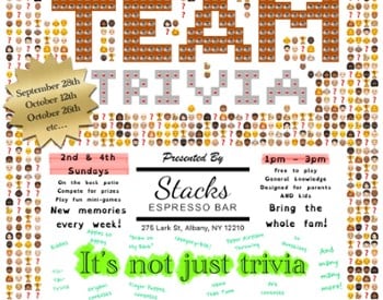 Promotional flyer for sunday team trivia at stacks espresso bar on lark street