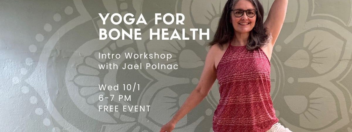 Photo of Jael in a yoga pose with descriptive words about the date and time of the event