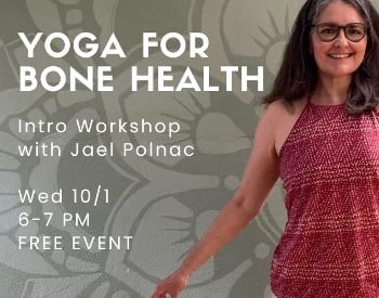 Photo of Jael in a yoga pose with descriptive words about the date and time of the event