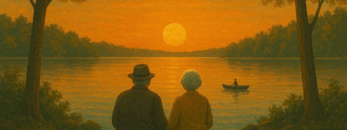 A mature couple sits side by side on a weathered dock overlooking a still lake, bathed in golden light. The image evokes love, memory, and reflection—an image from Bridge Street Theatre’s production of “On Golden Pond.”