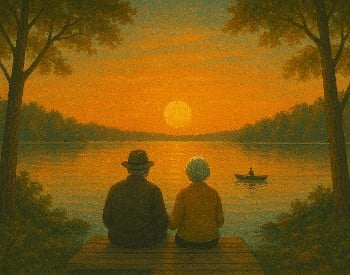 A mature couple sits side by side on a weathered dock overlooking a still lake, bathed in golden light. The image evokes love, memory, and reflection—an image from Bridge Street Theatre’s production of “On Golden Pond.”