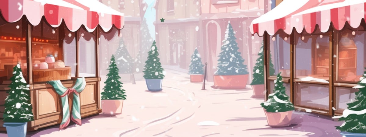 Christmas Market shown with snow falling and little Christmas trees lining the street