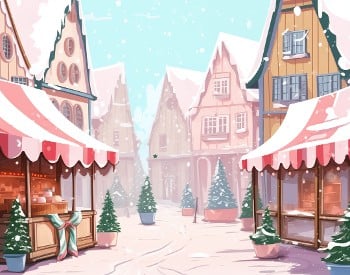 Christmas Market shown with snow falling and little Christmas trees lining the street