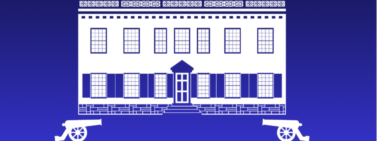 A logo of two cannon in front of a house