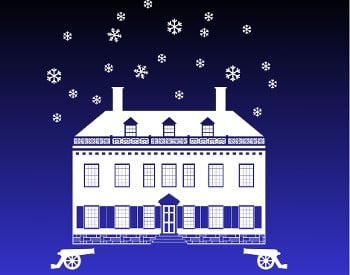 A logo of two cannon in front of a house