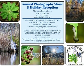 Dark blue words on light blue background reading "Annual Photography Show & Holiday Reception Monday, December 1 6:00 - 7:00 PM The Welcome Cabin 90 Scout Road, Wilton, NY"