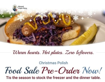 image of kielbasi on a role with red cabbage and mustard with a pickle and the words warm hearts, hot plates, zero leftovers. Christmas Polish Food sale - pre-order now! TIs the season to stock the freezer and the dinner table.