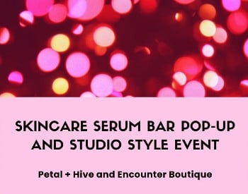 A glittery background with a the title of the event: Skincare Serum Bar Pop-Up and Studio Style Event