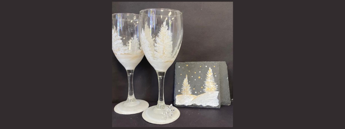 Winter Trees Wine Glasses & Slate Coasters Paint & Sip Event