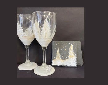Winter Trees Wine Glasses & Slate Coasters Paint & Sip Event