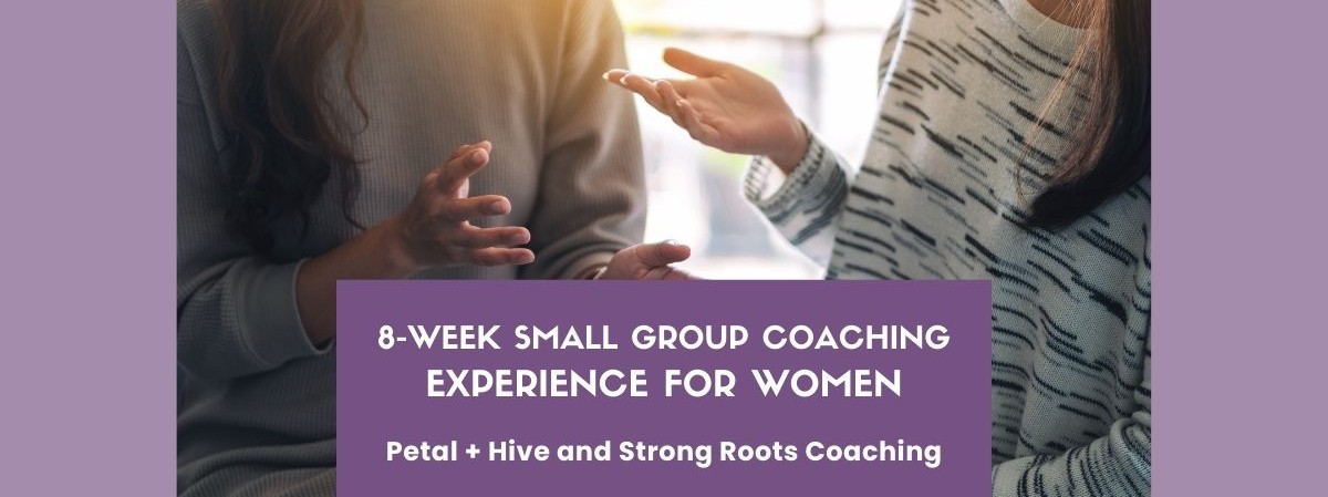 Two women talking with text about a small group coaching series