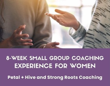 Two women talking with text about a small group coaching series