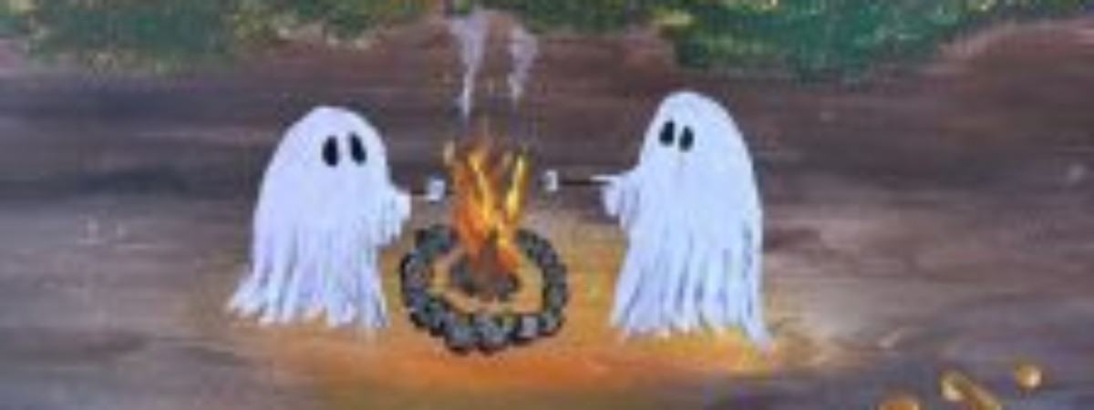 painting of two ghosts at a campfire