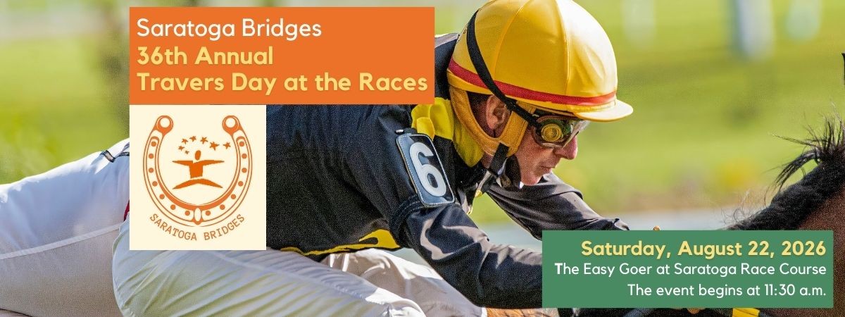 A jockey wearing a yellow hat riding a horse in a race with the Saratoga Bridges logo surrounded by a horseshoe.