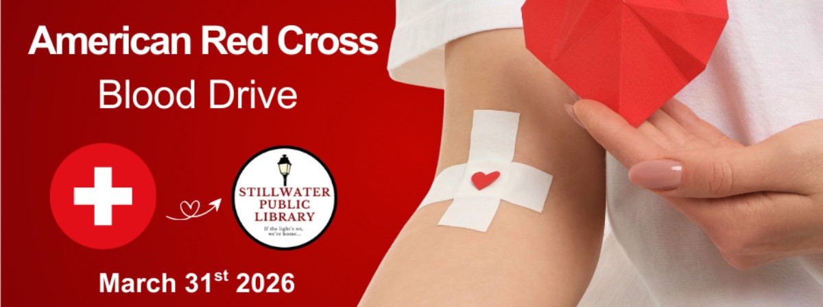 Ad for American Red Cross Blood Drive at the Stillwater Public Library containing a QR code that brings the user directly to the sign up page online.