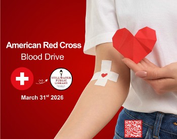 Ad for American Red Cross Blood Drive at the Stillwater Public Library containing a QR code that brings the user directly to the sign up page online.