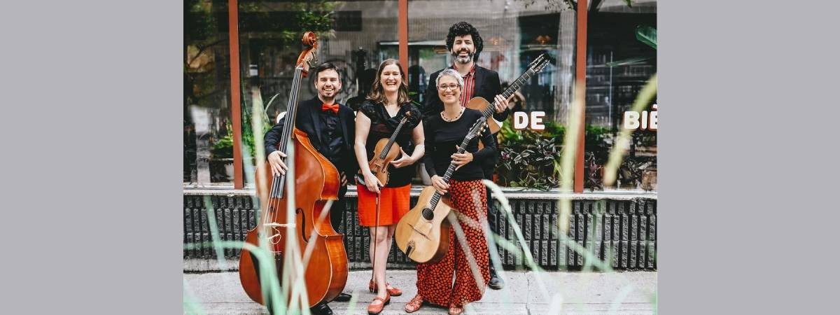 music group poses with instruments