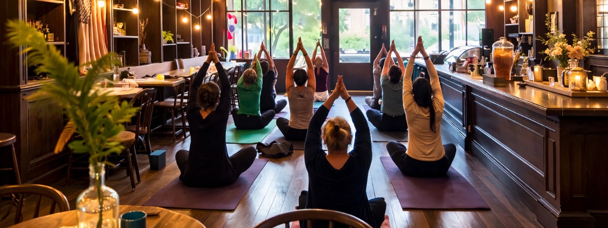 People sitting on the floor practicing yoga