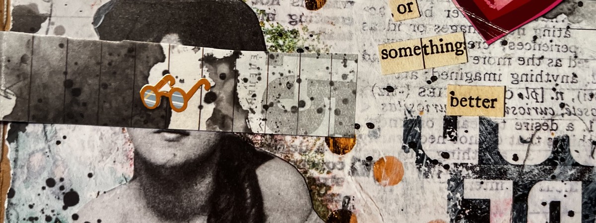 black and white collage with pops of red color