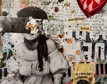 black and white collage with pops of red color