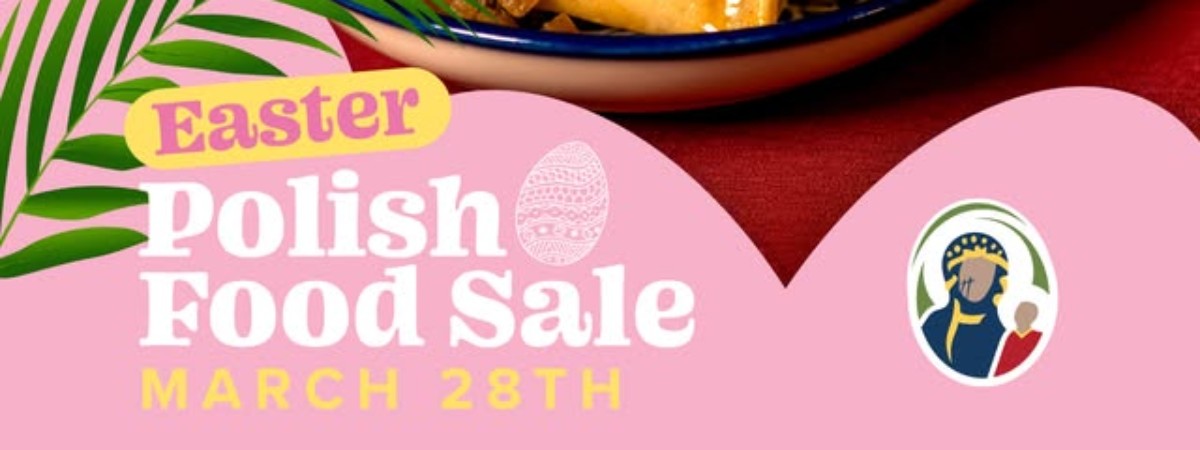 Easter Polish Food Sale, March 28th, with image of pierogi