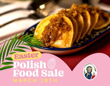 Easter Polish Food Sale, March 28th, with image of pierogi