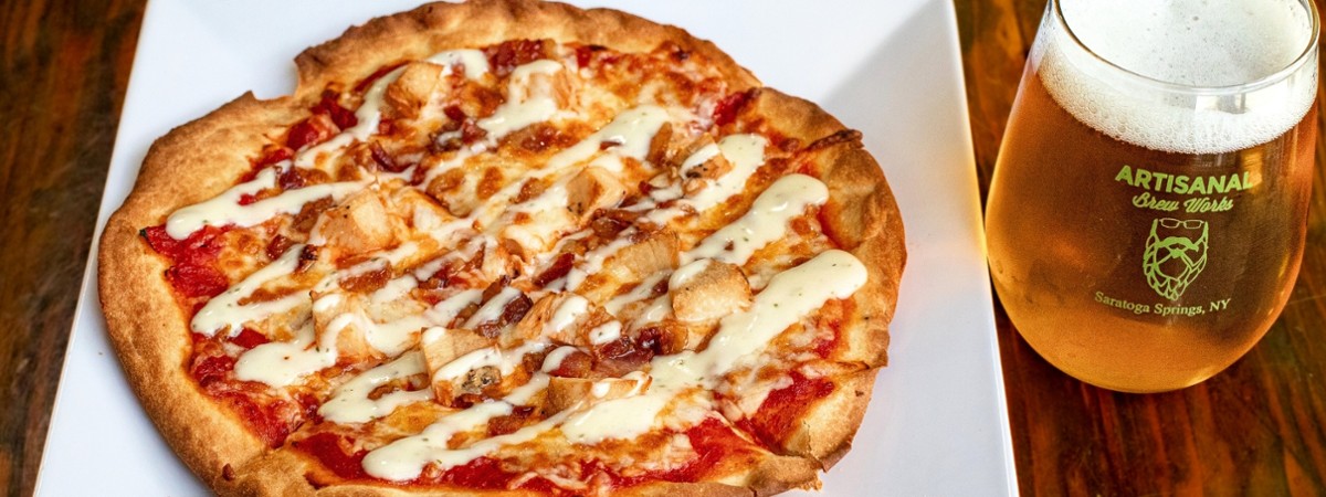 Pizza and draft beer special at Nature&rsquo;s Edge Bistro restaurant in Saratoga Springs