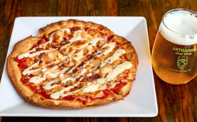 Pizza and beer night special with pizza and craft beer at Artisanal Brew Works restaurant in Saratoga Springs