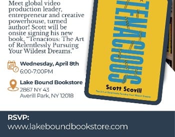 Graphic showcasing details for Scott Scovill Book Signing on April 8th at Lakebound Bookstore
