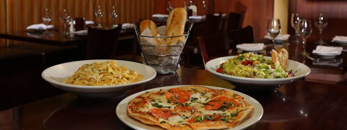 pizza, pasta, salad, bread