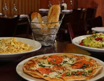 pizza, pasta, salad, bread