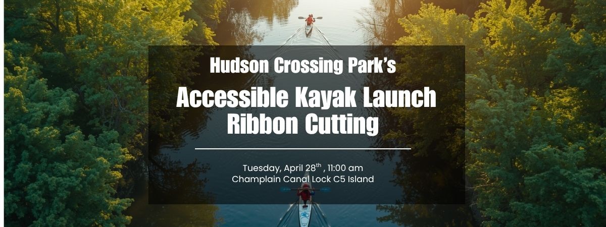 Two kayakers are on a tree lined river. Over the image is a black translucent box with the event title in white letters.