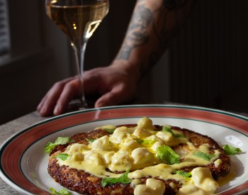 Second Course: Pan fried risotto alla brava celery, fennel, uni