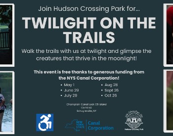 A dark blue graphic with the event title, details, and sponsor logos. There are 4 pictures depicting people enjoying the trails after dark.