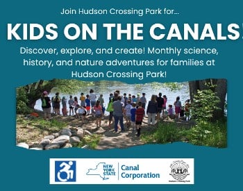 Teal Graphic that includes an image of a group of kids looking at a river, with the event information in white above the image. There are also logos for wheelchair accessibility, NYS Canal Corp, and Hudson Crossing Park.