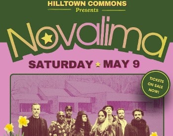 Pink Flyer with photo of Novalima on bottom and green on top for concert at Hilltown Commons on May 9