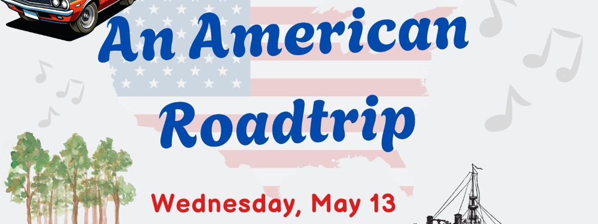 An American Roadtrip title with assorted patriotic images