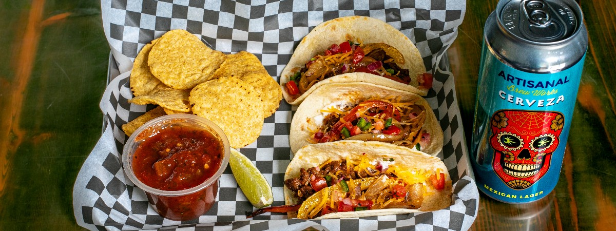 Steak, chicken, and pulled pork tacos with craft beer at Taco and Beer Dar in Saratoga Springs at Artisanal Brew Works