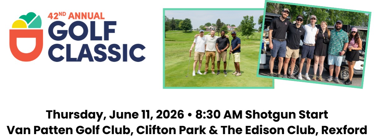 Images of golfers posing with the golf classic logo and time/location of event