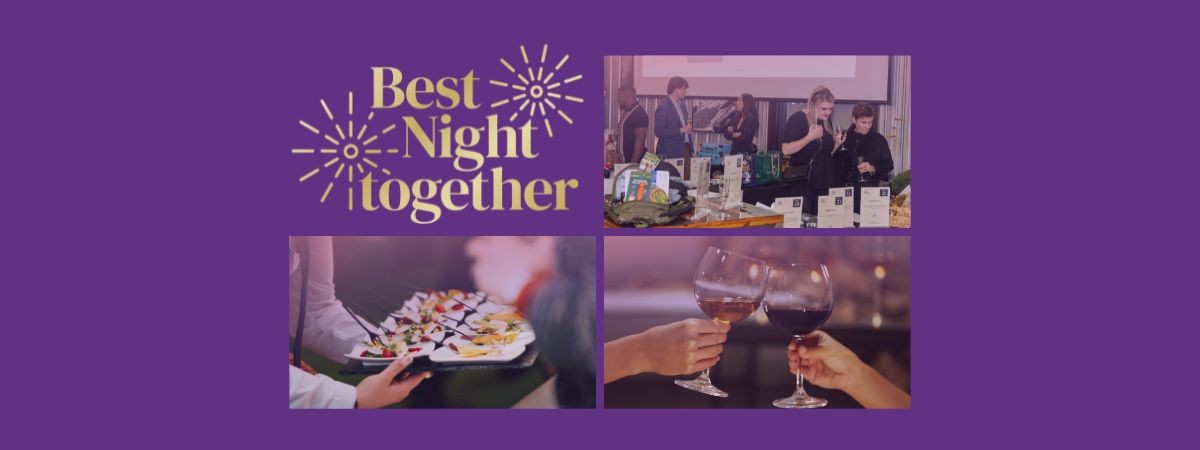 On a purple background, there are four visuals stacked. At top left, a logo reading Best Night together; at top right, tables with auction items are shown and people look at the items; at bottom left, waitstaff holds out a tray of food displayed on white plates; at bottom right, two wine glasses.