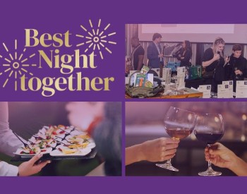 On a purple background, there are four visuals stacked. At top left, a logo reading Best Night together; at top right, tables with auction items are shown and people look at the items; at bottom left, waitstaff holds out a tray of food displayed on white plates; at bottom right, two wine glasses.