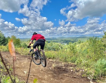 A mountain biker soars along a trail on a bright summer day