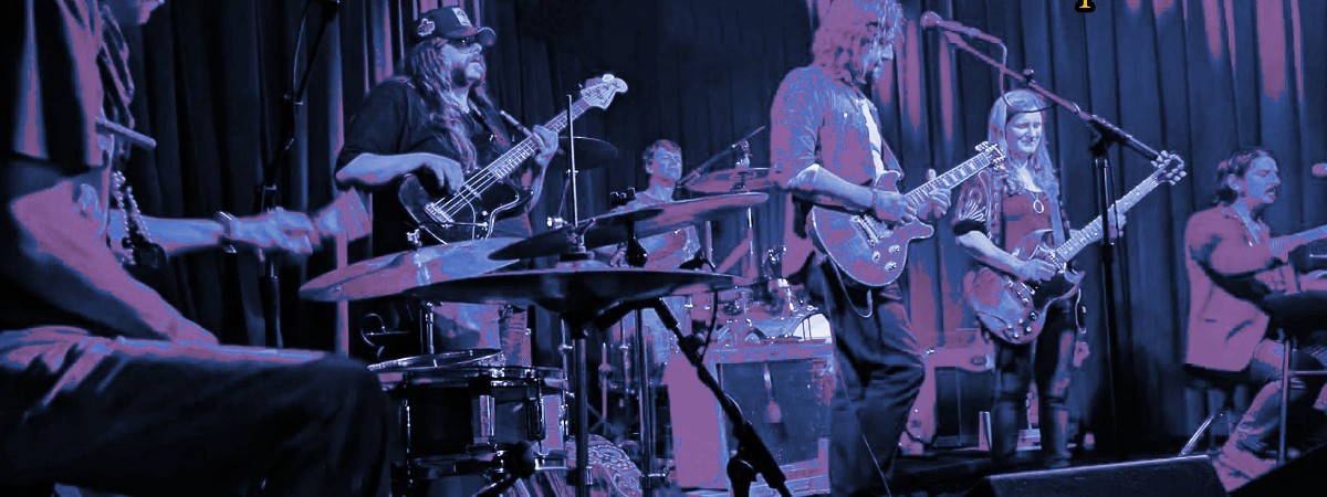 A band plays on stage